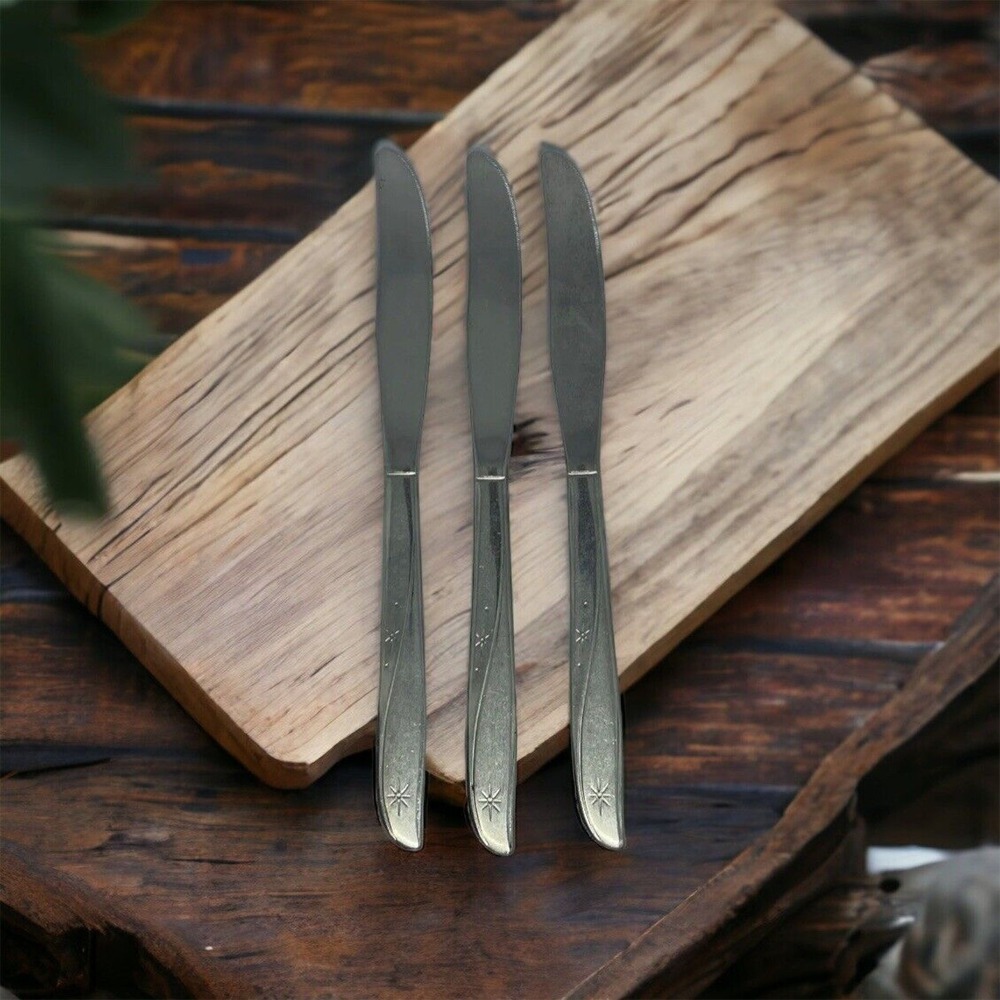 Vintage Stainless Steel Starburst Atomic North Star Dinner Knives Set of 3 MCM